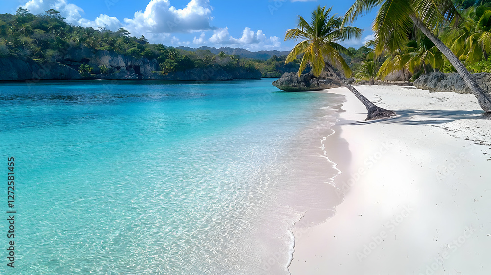 Fototapeta premium Tropical beach paradise palm tree, turquoise water, white sand