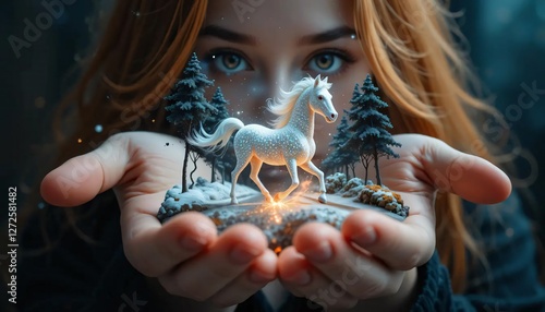 Woman s Hands Gently Holding a Miniature Winter Scene with a Sparkling White Horse photo