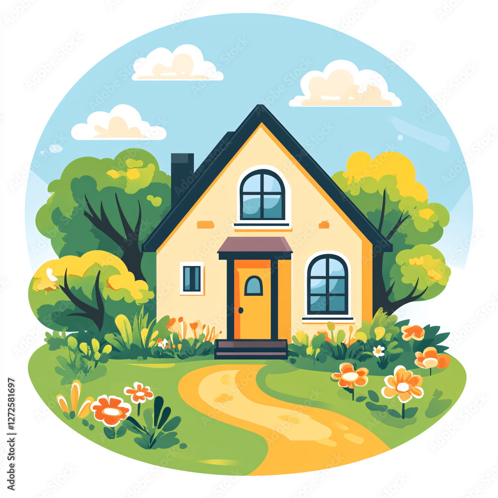 Fototapeta premium Charming Cartoon Cottage with Blooming Garden in Sunny Rural Landscape Scene