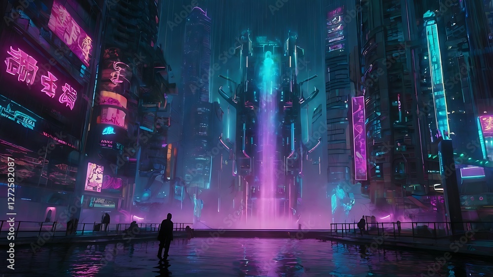 Obraz premium Vibrant Cyberpunk Cityscape at Night