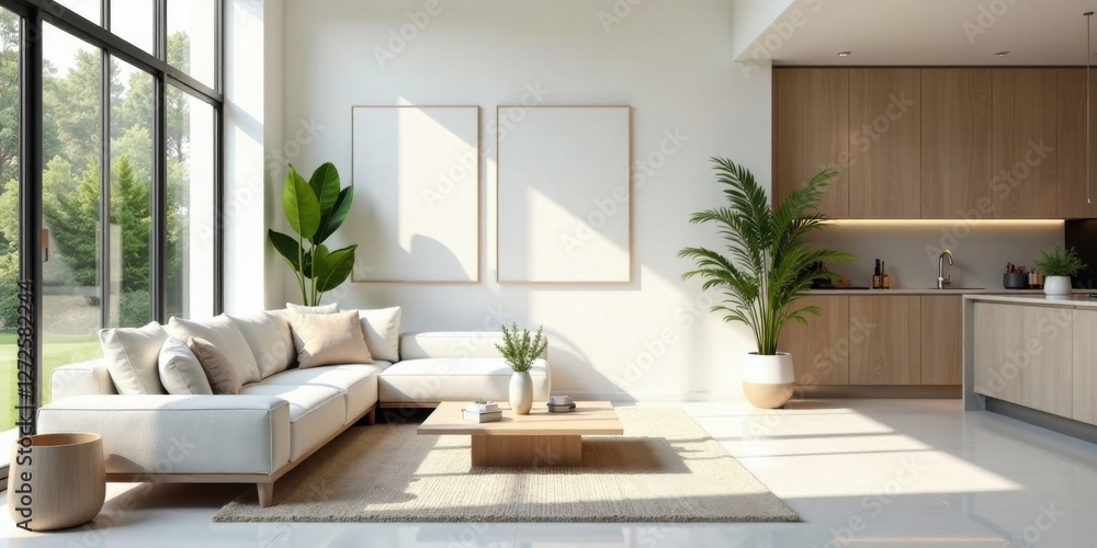 Fototapeta premium Modern Minimalist Living Room Design with Large Windows and Light Wood Kitchen