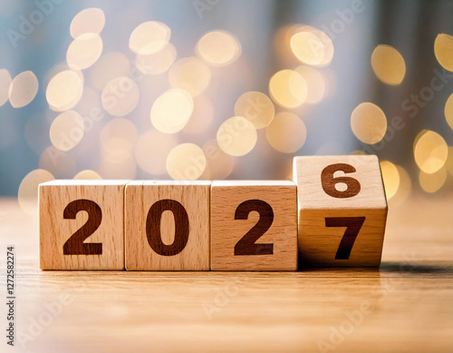 New Year Goals 2027. Flipping numbers 2026 to 2027 on a wooden block cube on a light bokeh