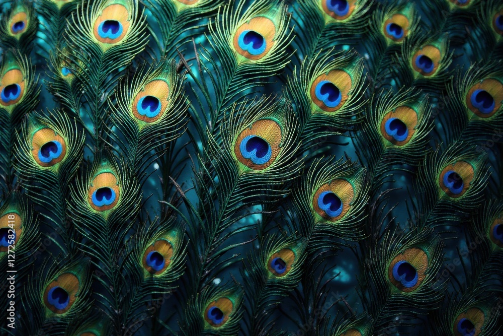 Obraz premium A vibrant tapestry of iridescent peacock feathers, showcasing nature's intricate artistry and the dazzling spectrum of blues, greens, and golds.