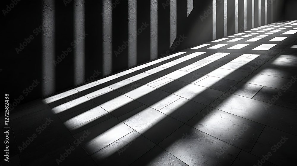 Sunlight streaks across a tiled hallway; architectural background, ideal for design Sunlight streaks across a tiled hallway; architectural background, ideal for design