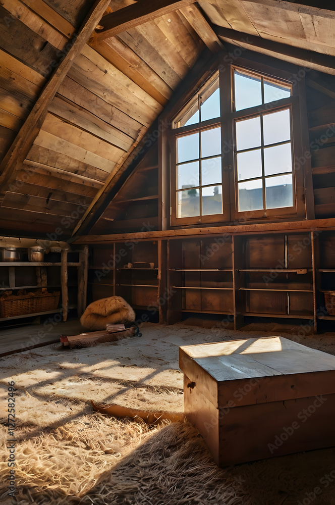 Naklejka premium Rustic Attic Charm: A sunlit attic room with wooden beams, shelves, and a window, offering a warm, inviting ambiance, where the simple elegance of craftsmanship is truly highlighted.