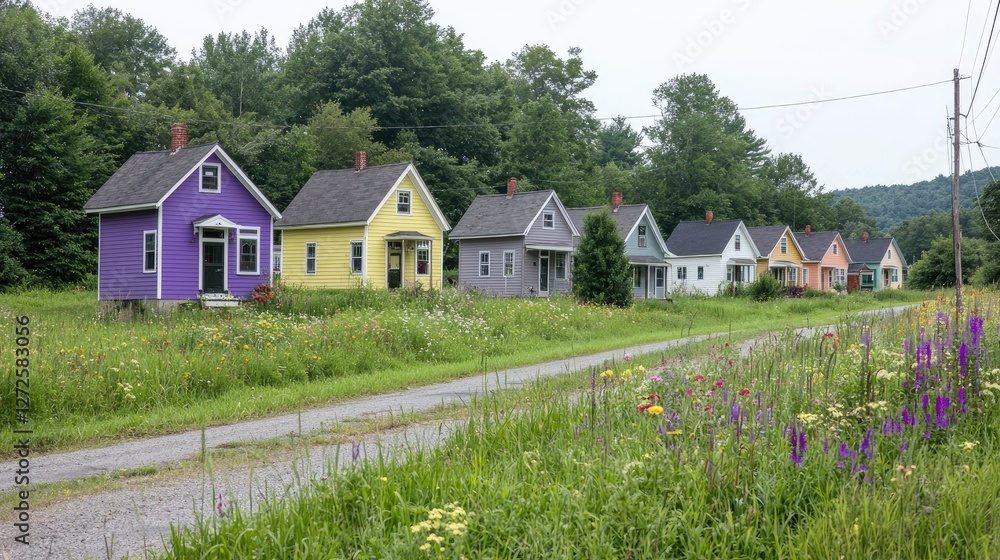 Colorful Row of Homes in Rural Setting Colorful Row of Homes in Rural Setting