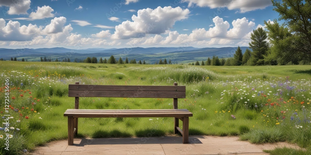 Rustic wooden bench overlooking a vibrant wildflower meadow and distant rolling hills under a partly cloudy sky Rustic wooden bench overlooking a vibrant wildflower meadow and distant rolling hills under a partly cloudy sky