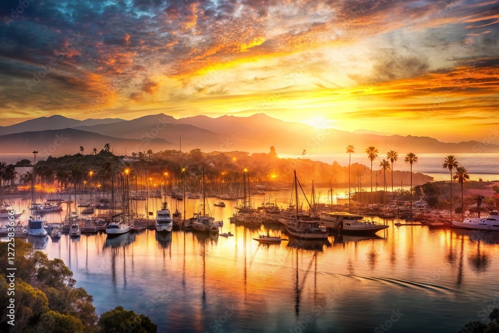 Fototapeta premium Santa Barbara Harbor Summer Sunset Double Exposure - California Coastline