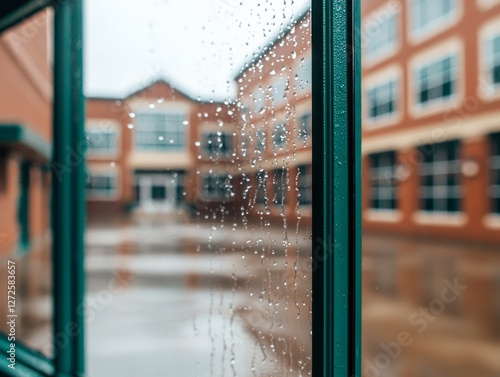 Rain-soaked window view of a school courtyard with blurred buildings in background