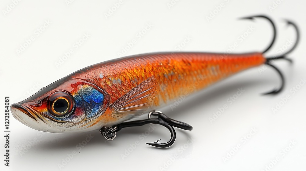 Studio shot of fishing lure, orange, white background Studio shot of fishing lure, orange, white background
