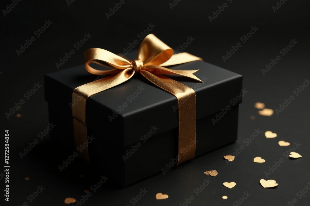 An Elegant Black Gift Box with a Golden Ribbon and Scattered Hearts on a Dark Surface An Elegant Black Gift Box with a Golden Ribbon and Scattered Hearts on a Dark Surface