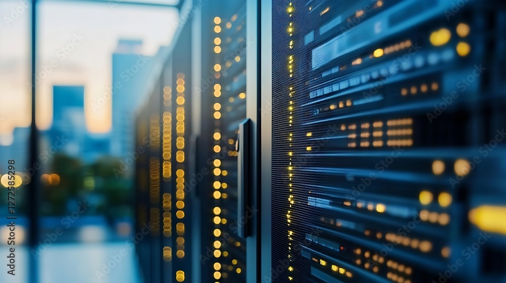 Modern Data Center Interior with Rows of Server Racks in a Cityscape at Sunset : Generative AI
