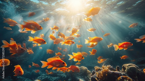 Sunlit coral reef fish school ocean scene photo