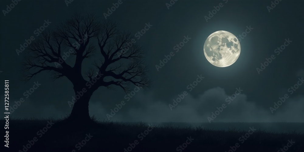Nocturnal Landscape A Silhouetted Tree Stands Alone Under a Full Moon's Pale Light, Against a Misty Night Sky Nocturnal Landscape A Silhouetted Tree Stands Alone Under a Full Moon's Pale Light, Against a Misty Night Sky