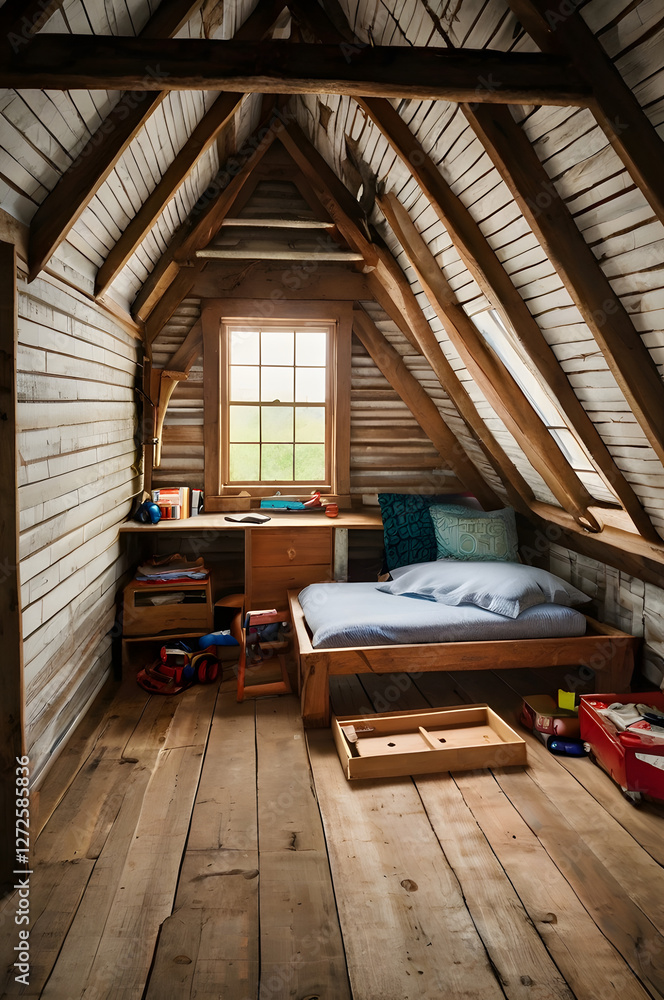 Naklejka premium Cozy Attic Bedroom: Step inside a charming, rustic attic bedroom bathed in natural light, featuring wooden walls, a quaint bed, and a window offering a glimpse of the outside world.