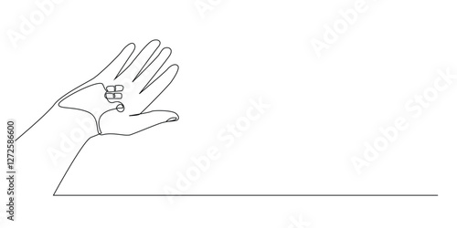 continuous line of palm and medical tablet.one line drawing of hand carrying medicine.single line vector illustration taking medicine.health one line concept