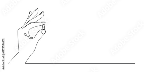 continuous line of hand holding medicine tablet.one line drawing of hand showing medicine.single line vector illustration of taking medicine.one line concept health