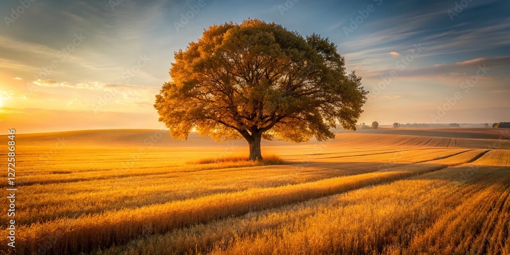 Serene Autumn Landscape: Lone Tree in Golden Field, Soft Sunlight