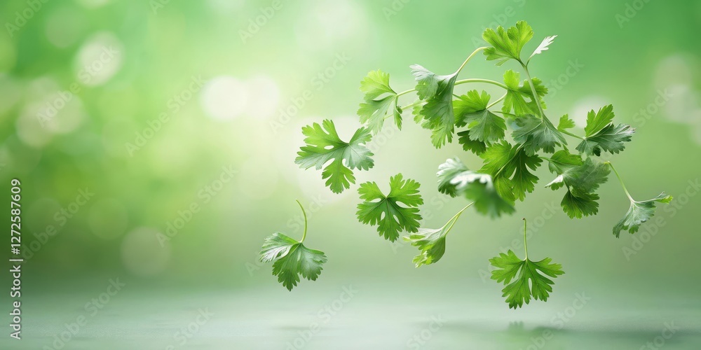 Obraz premium Vibrant Green Cilantro Leaves Floating in Air Against a Soft Blurred Background, Evoking Freshness and Natural Beauty