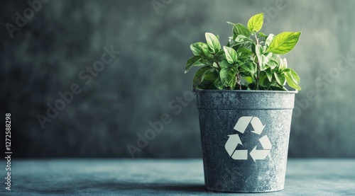 Recycled plant in gray pot, sustainability concept photo