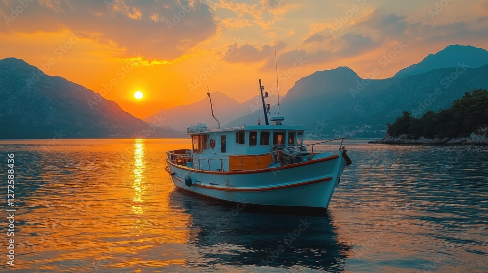 Naklejka premium Sunset Bay Boat, Coastal, Calm Waters, Mountain View, Travel