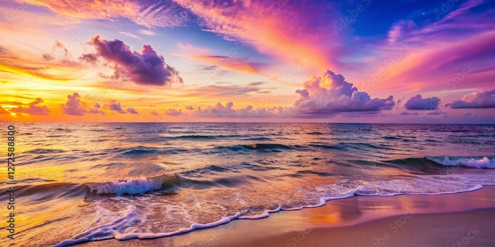 Fototapeta premium Serene Dusk Ocean Horizon: Calm Waves on Sandy Beach at Sunset