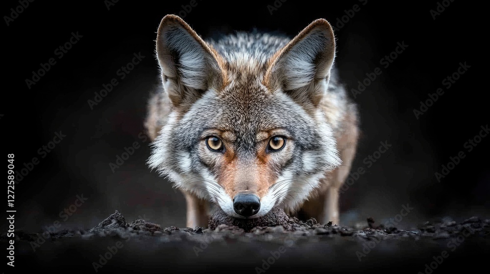 Fototapeta premium Wild coyote crouches low on the dark ground, staring directly forward with an intense gaze.