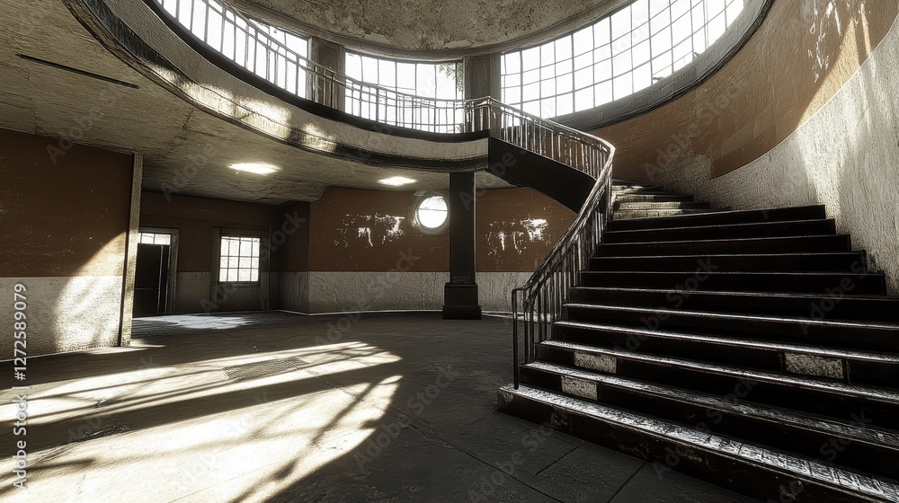 Obraz premium Old Building Interior Spiral Staircase Sunlit Room