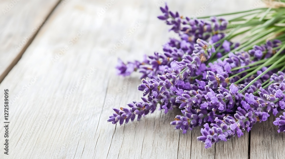 Fototapeta premium Fresh Lavender Flowers Bunch on Rustic Wooden Table with Natural Light : Generative AI