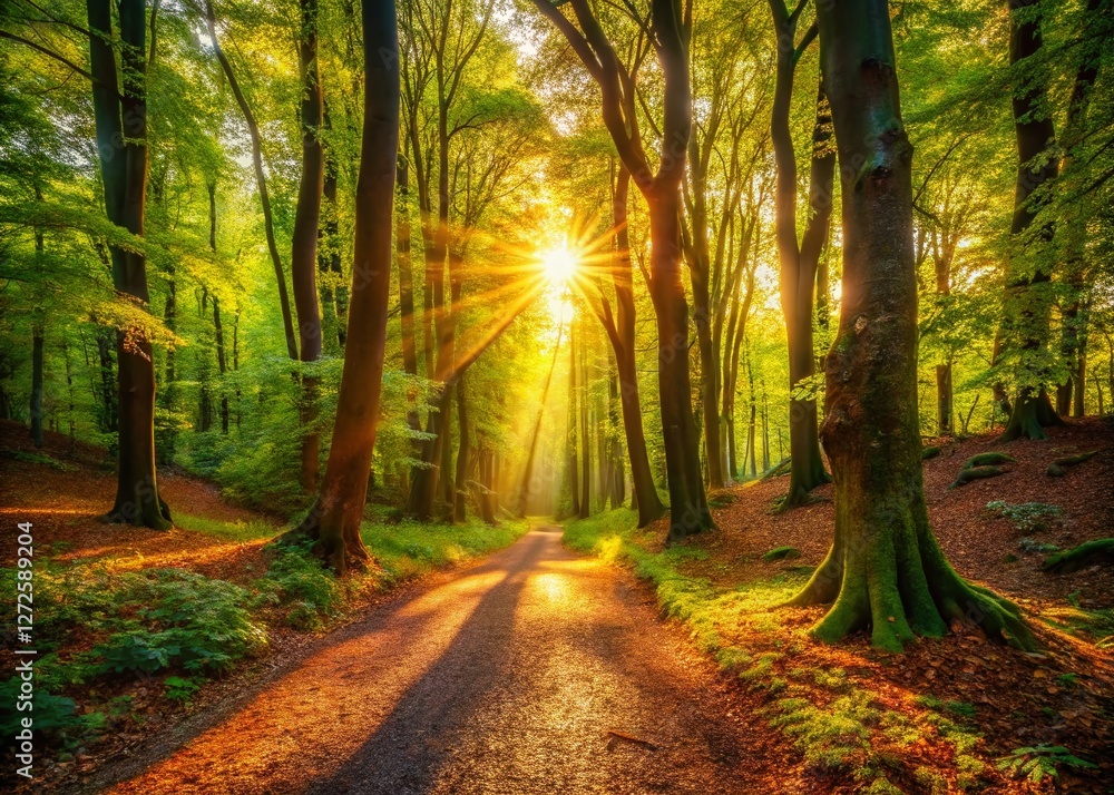 Fototapeta premium Serene Forest Path: Sunlit Woods Landscape Photography