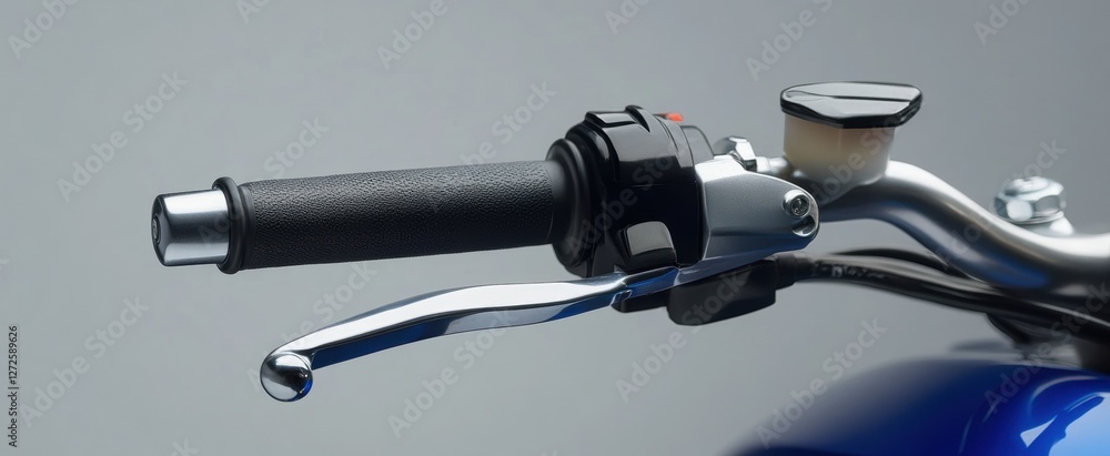 Close-Up of Motorcycle Handlebars with Throttle Grip and Brake Lever on Blue Background Close-Up of Motorcycle Handlebars with Throttle Grip and Brake Lever on Blue Background