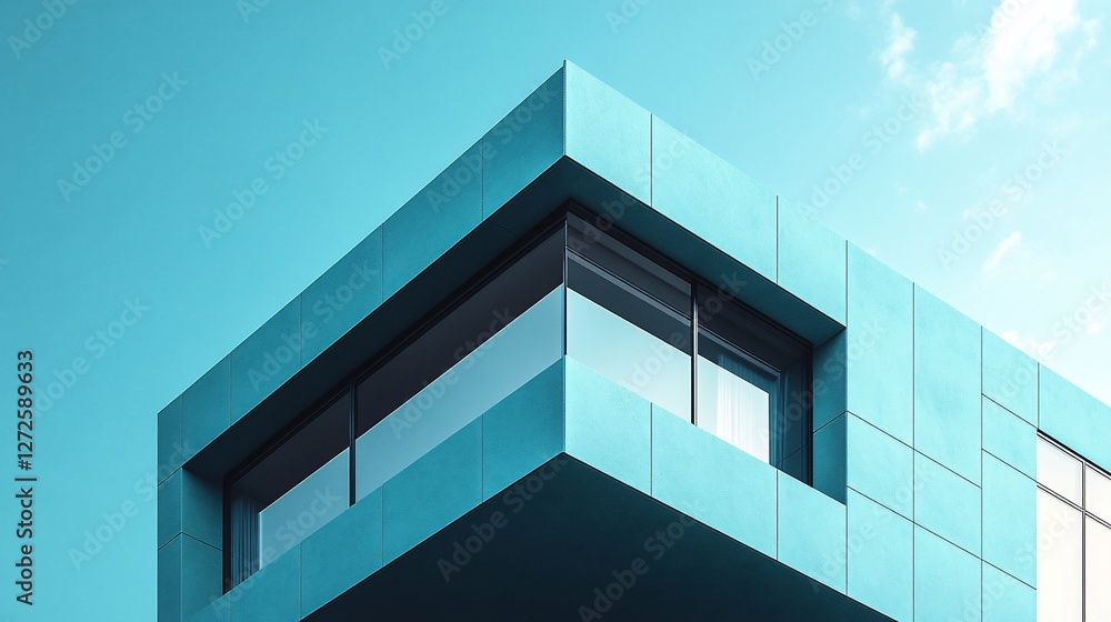 Minimalist architecture with clear lines and bright cyan tones against a blue sky Minimalist architecture with clear lines and bright cyan tones against a blue sky