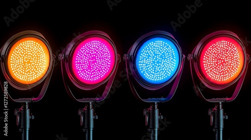 Four colorful LED stage lights on stands against black background.