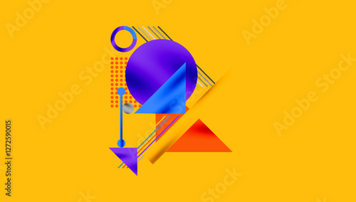 Geometric Abstract Background with Bold Shapes and Contrasting Colors. Circles, triangles, squares and lines with shadow effect