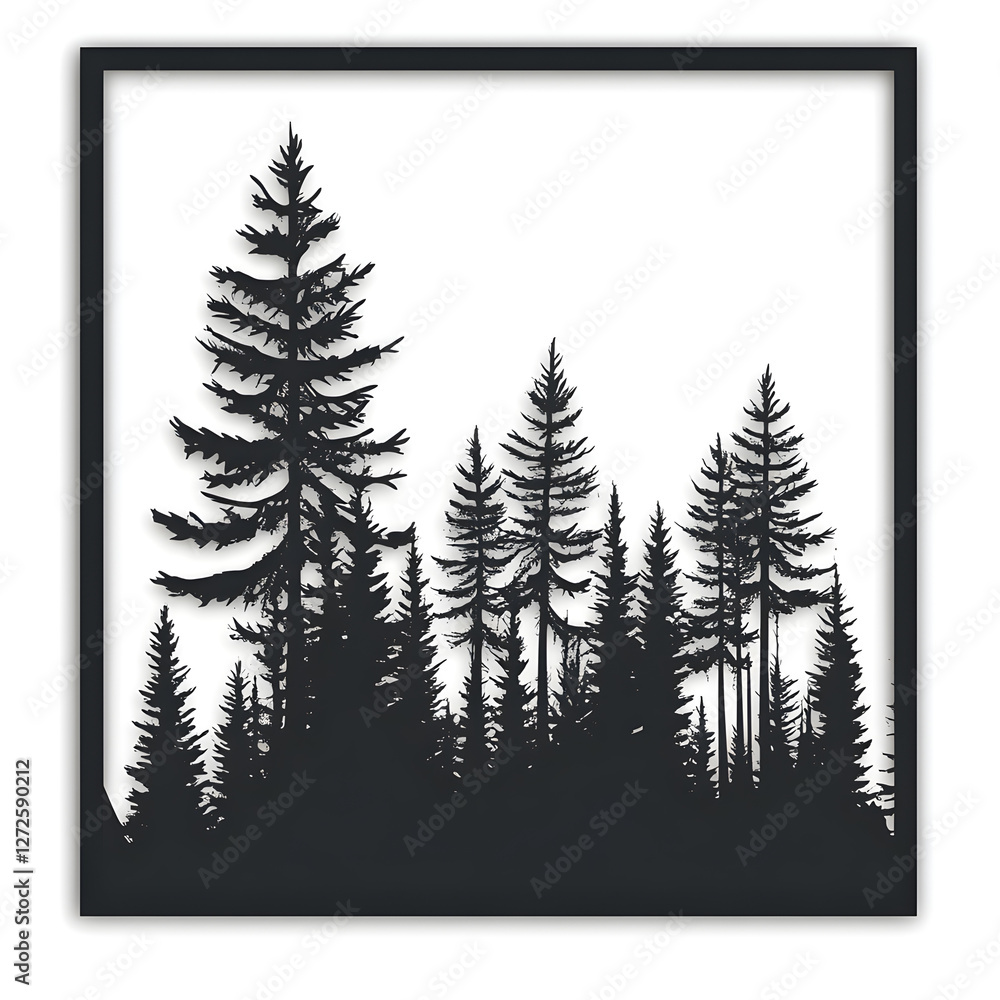 Obraz premium A minimal design of a forest silhouette inside a square frame, symbolizing conservation