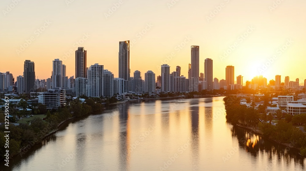 Scenic sunset over a city skyline reflecting on a calm river, showcasing modern architecture Scenic sunset over a city skyline reflecting on a calm river, showcasing modern architecture