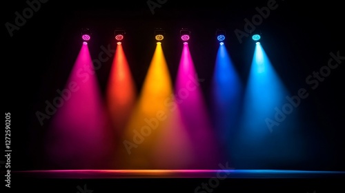 Colorful stage spotlights illuminate empty stage.