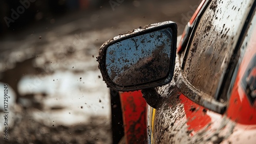 A close-up shot of a side mirror of a rally car, covered in mud and dirt, showcasing the ruggedness of motorsport in challenging outdoor conditions. photo