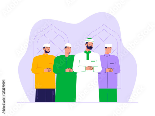 Muslims doing prayer in masjid illustration. Eid illustration. Flat vector illustration concept.