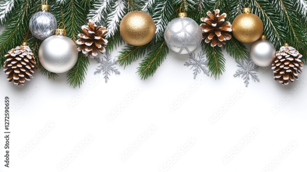 Festive Christmas Ornaments and Pinecones Arranged with Evergreen Branches on White Background Festive Christmas Ornaments and Pinecones Arranged with Evergreen Branches on White Background