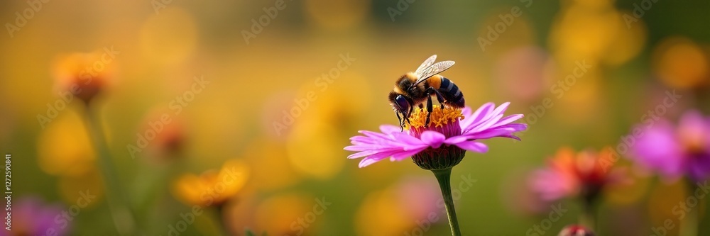 Bee collecting nectar from Autumn aster flowers, wildflowers, field, bees and flowers Bee collecting nectar from Autumn aster flowers, wildflowers, field, bees and flowers