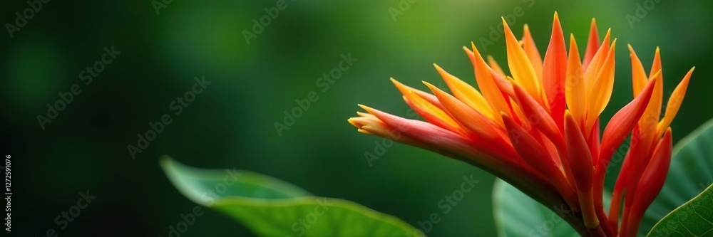 Naklejka premium Red and orange Guzmania blooms with green leaves, green, orange, botanical