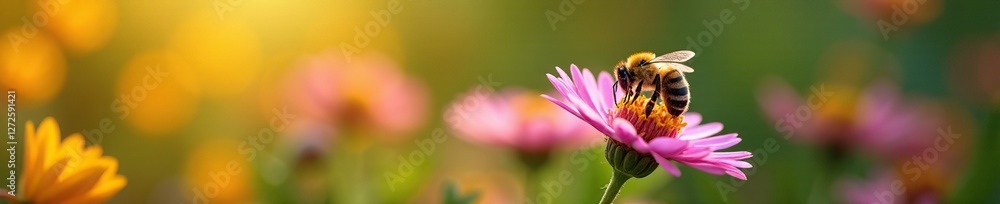 Bee collecting nectar from Autumn aster flowers, nature, garden Bee collecting nectar from Autumn aster flowers, nature, garden