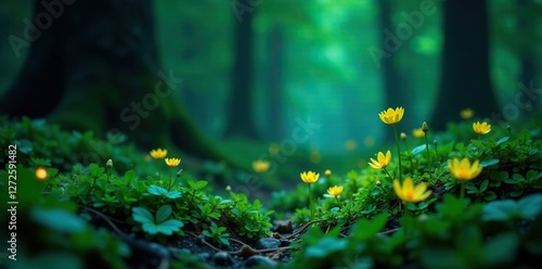 Bioluminescent blooms illuminate forest floor, abstract green background