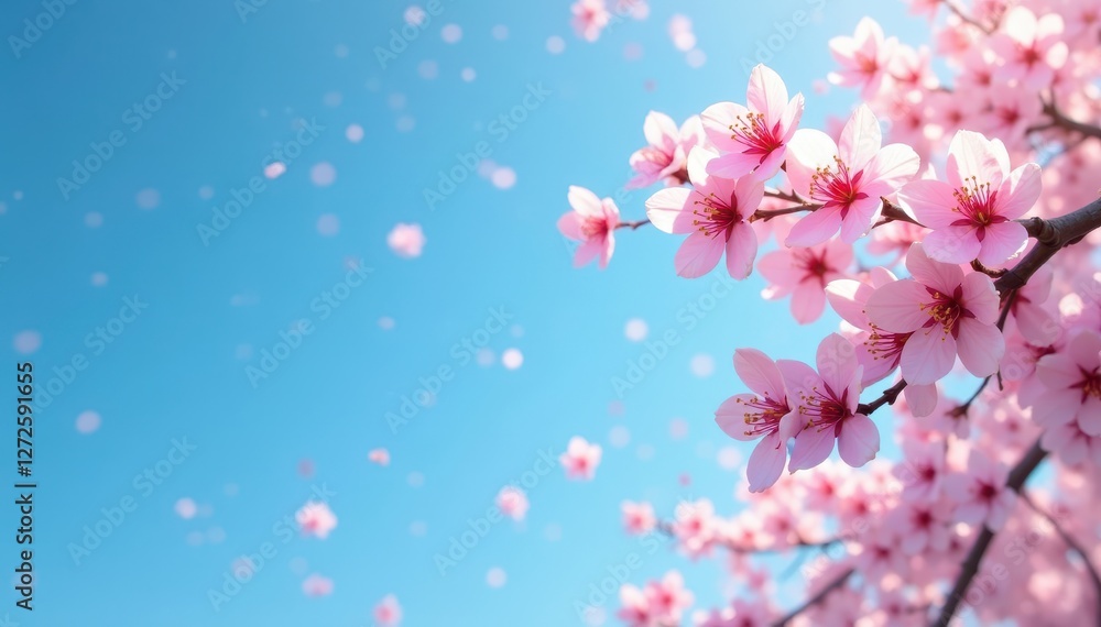Abundant cherry blossoms raining down on a clear blue backdrop , soft, petals Abundant cherry blossoms raining down on a clear blue backdrop , soft, petals