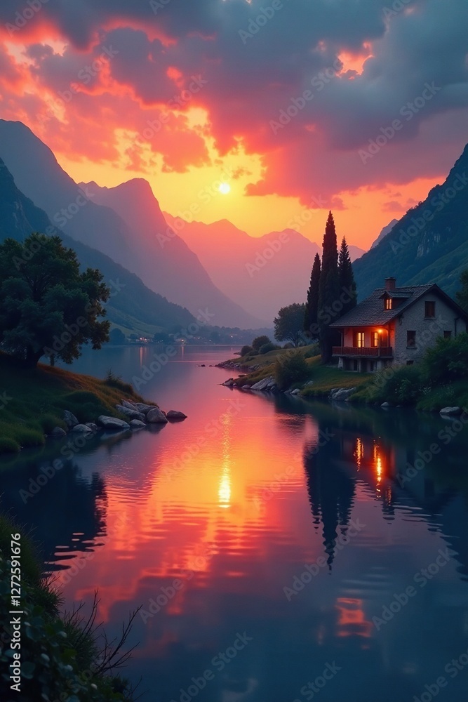 Fototapeta premium Il tramonto sul fiume con una casa di pescatori, casa di pescatori, luce dorata