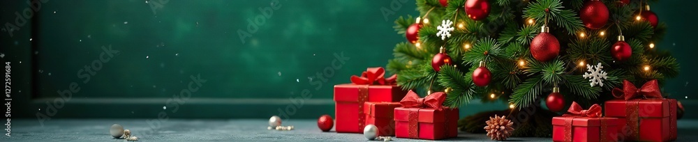 Red and green Christmas tree with red presents and white snowflakes, festive lights, christmas tree Red and green Christmas tree with red presents and white snowflakes, festive lights, christmas tree