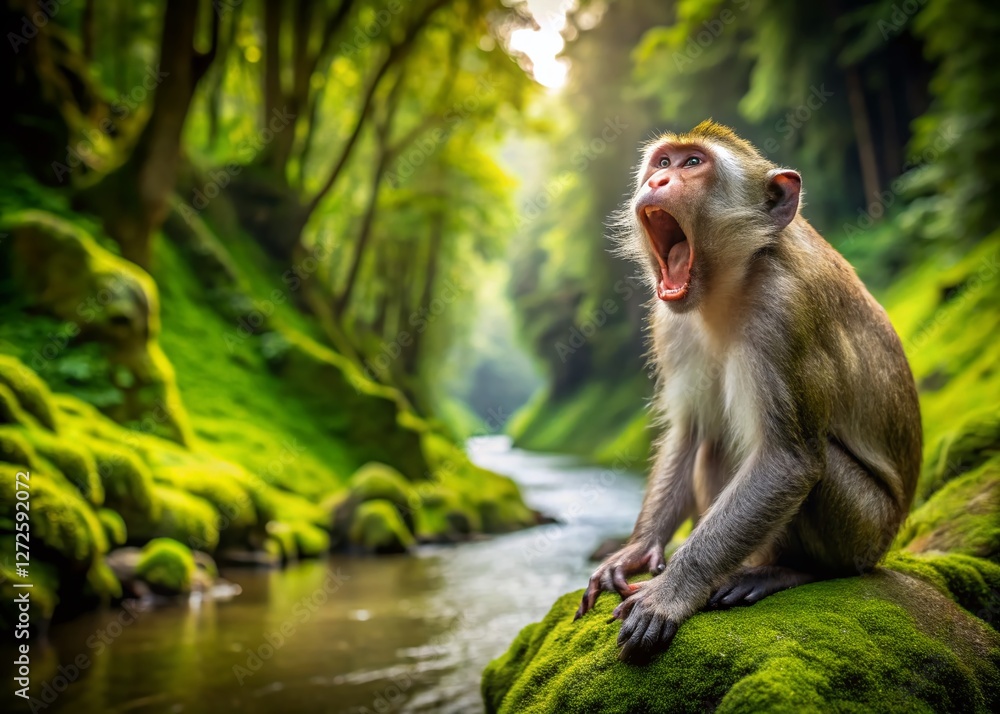 Fototapeta premium Serene Monkey Yawning by River, Lush Green Nature, Wildlife Photography