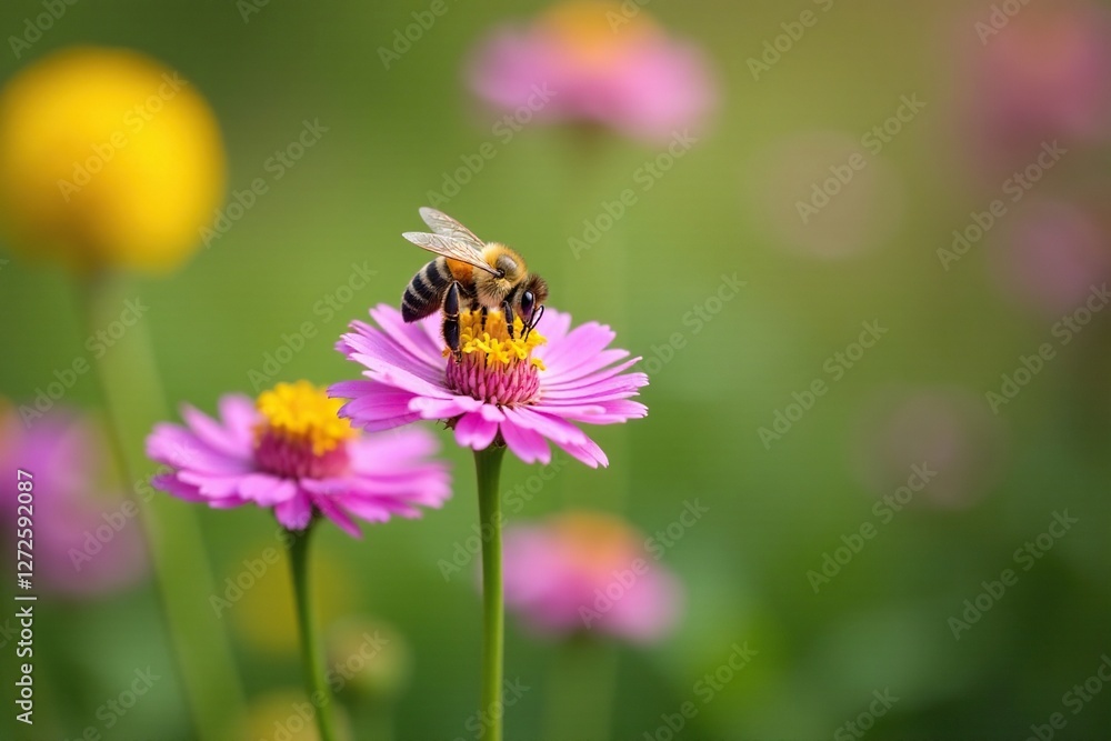 Bee collecting nectar from Scabious Succisa pratensis flowers in garden, wildflowers, pollination, succisa pratensis Bee collecting nectar from Scabious Succisa pratensis flowers in garden, wildflowers, pollination, succisa pratensis