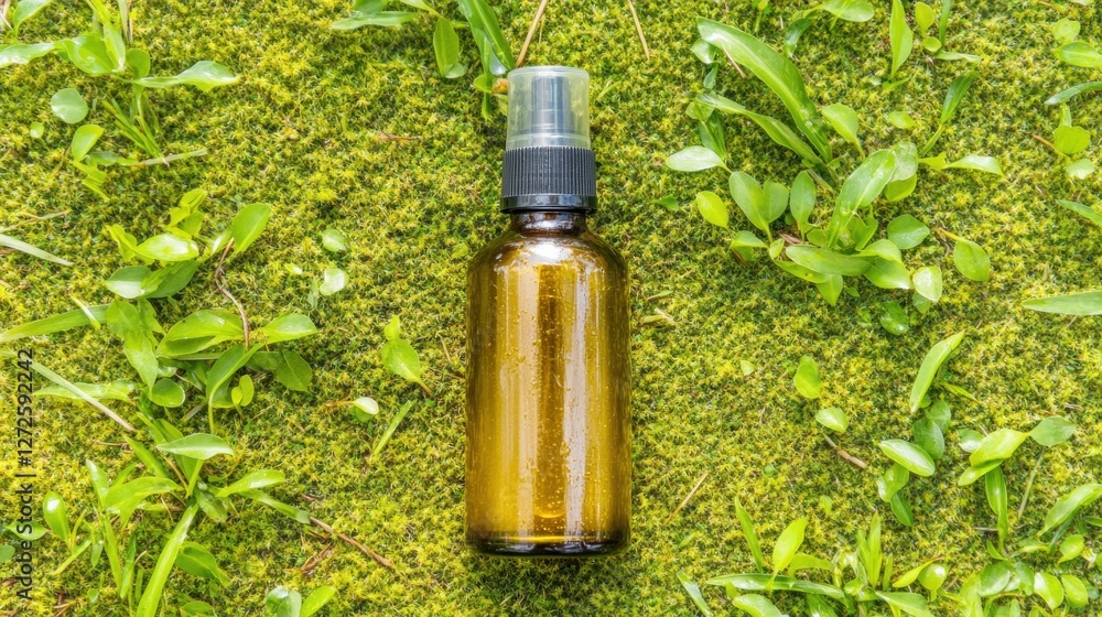 Amber Glass Bottle of Essential Oil Spray Resting on Lush Green Grass in a Natural Setting Amber Glass Bottle of Essential Oil Spray Resting on Lush Green Grass in a Natural Setting